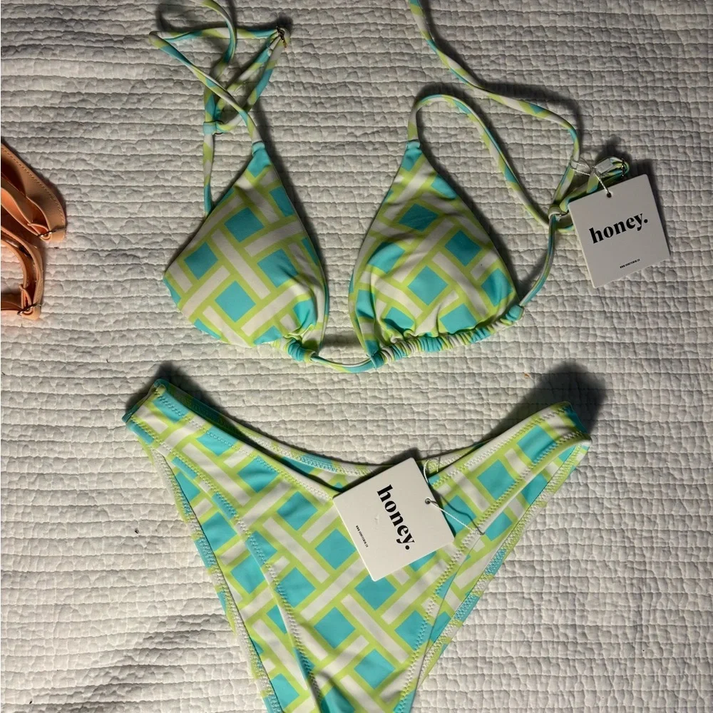 Honey Women's Geometric Bikini Set - Green and Blue - Picture 1 of 3